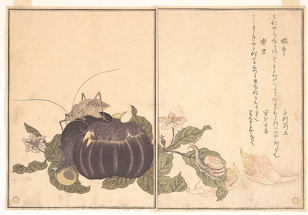 Land Snail (Katatsumuri); Giant Katydid (Kutsuwamushi), from the Picture Book of Crawling Creatures (Ehon mushi erami)