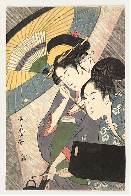 Geisha and Attendant on a Rainy Night